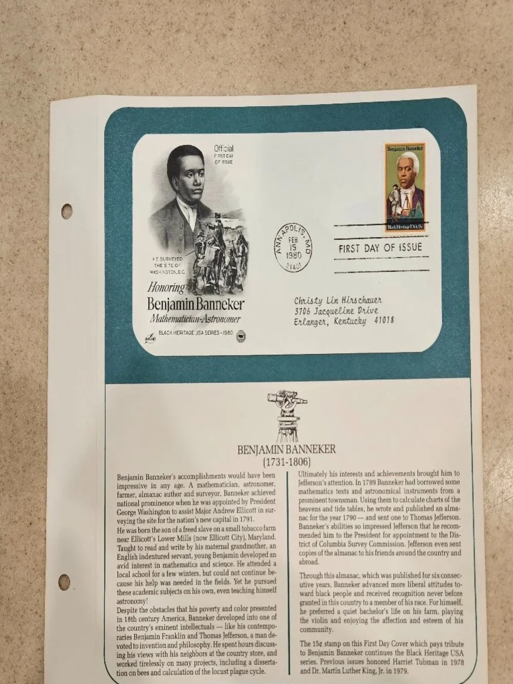 RARE COLLECTIBLE USPS 1ST DAY ISSUE COVER BENJAMIN BANNEKER ASTRONOMER STAMP FDC